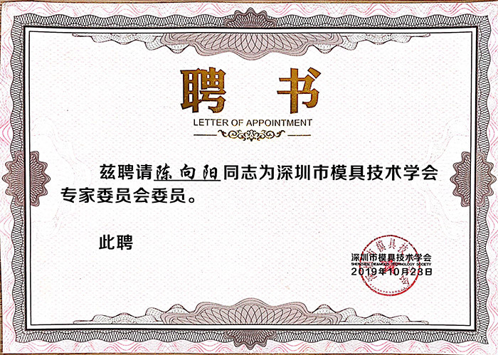 深圳市模具技術(shù)學(xué)會(huì)專家委員會(huì)證書-陳向陽